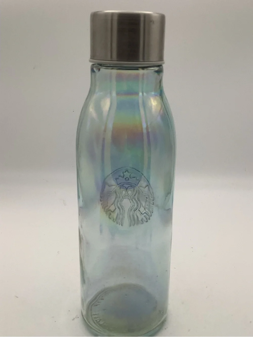Starbucks Iridescent Glass Water Bottle with Embossed Siren Logo & Stainless Cap